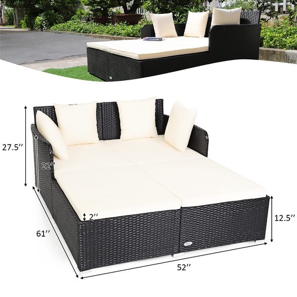 dimension image slide 0 of 6, Costway Outdoor Patio Rattan Daybed Pillows Cushioned Sofa Furniture - See details