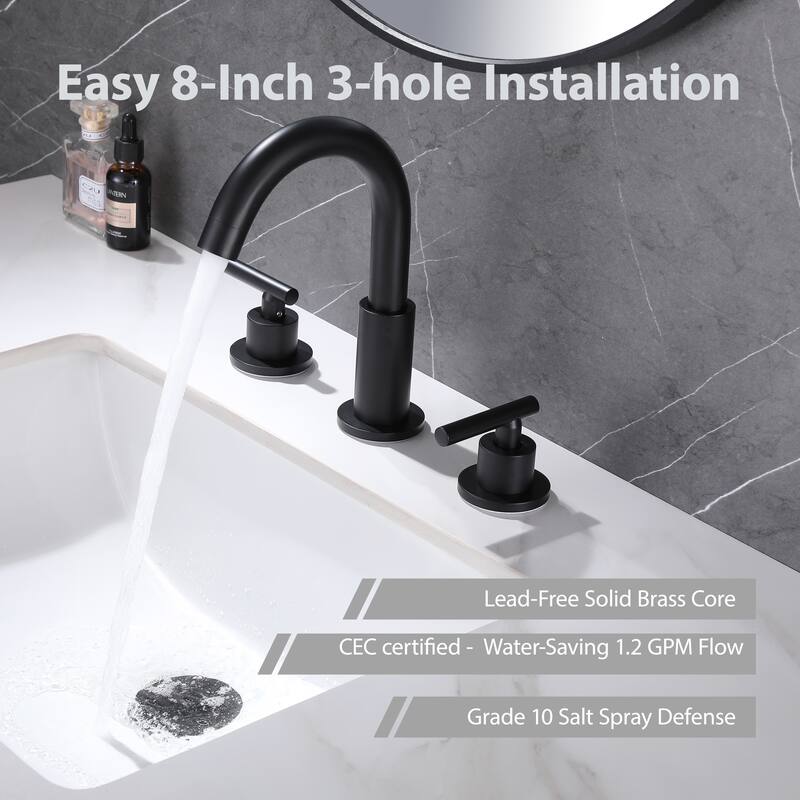 Modland Widespread 3-Hole Bathroom Faucet, 500K Cycle Ceramic Cartridge, 360 Swivel Spout & CEC Certified (Black/Gold/Nickel)