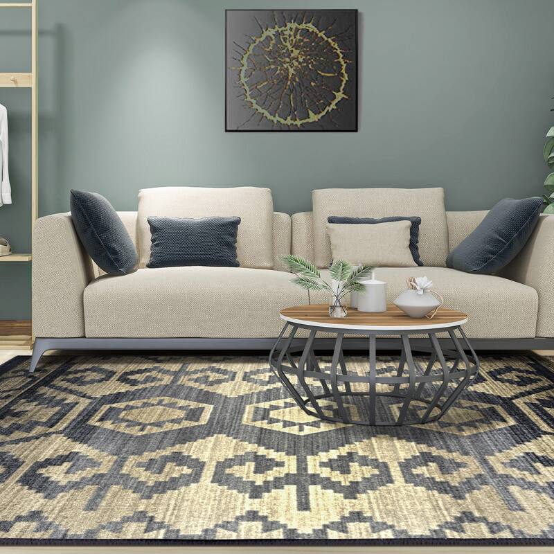Superior Catori Geometric Boho Washable Non-slip Area Rug - 8' x 10' - Navy Blue