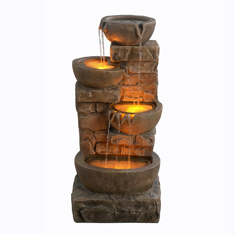 Teamson Home 3-Tier Stacked Stone Outdoor Water Fountain with LED Lights