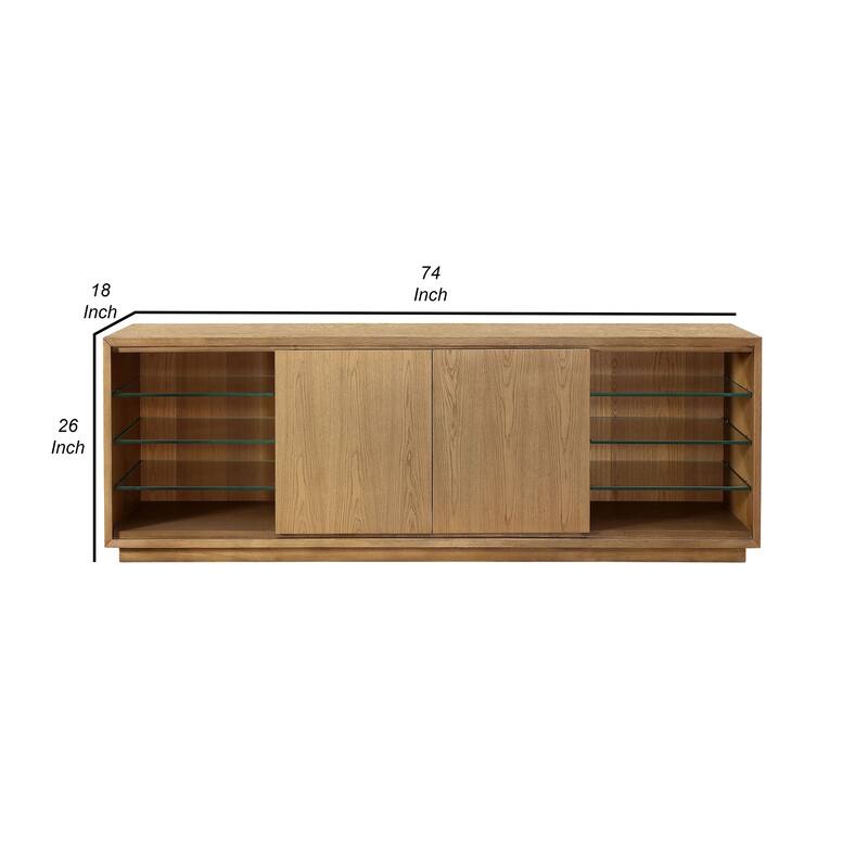 74 Inch TV Media Entertainment Console, 2 Door Cabinet, 6 Shelves, Brown