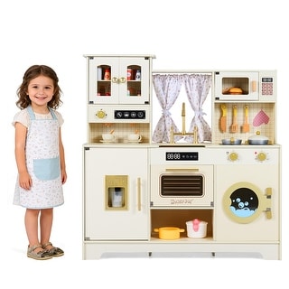Gymax Kids Play Kitchen Wooden Toy Kitchen Playset w/ 14 Accessories
