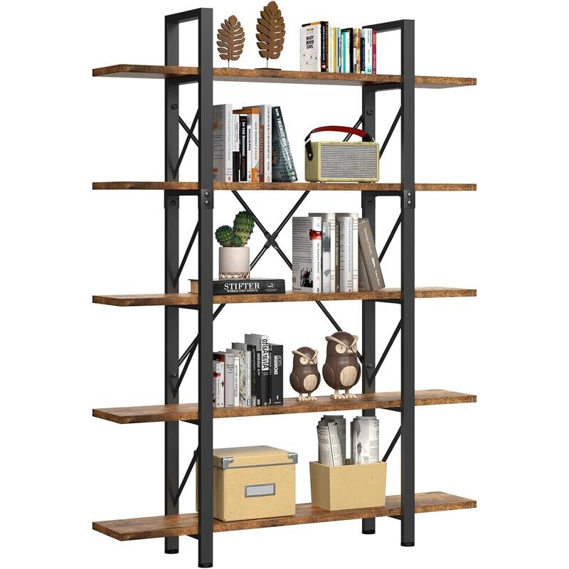 Moasis Industrial 5-Tier Bookshelf Vintage Large Bookcase Display Rack 5 Shelves for Living Room - Brown/Black