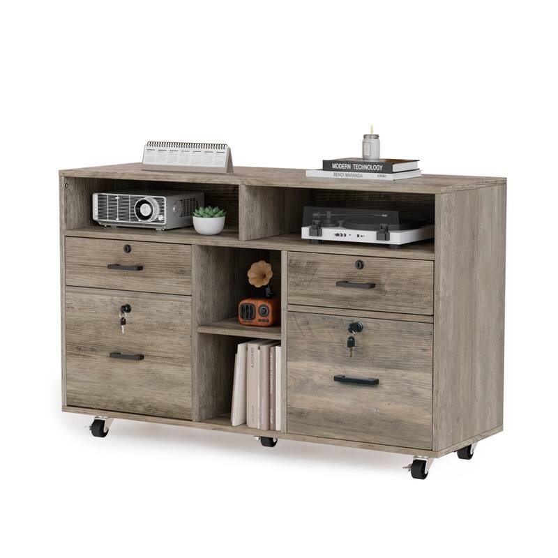 File Cabinet 4 Drawer Wood Mobile Lockable Rolling with Shelves