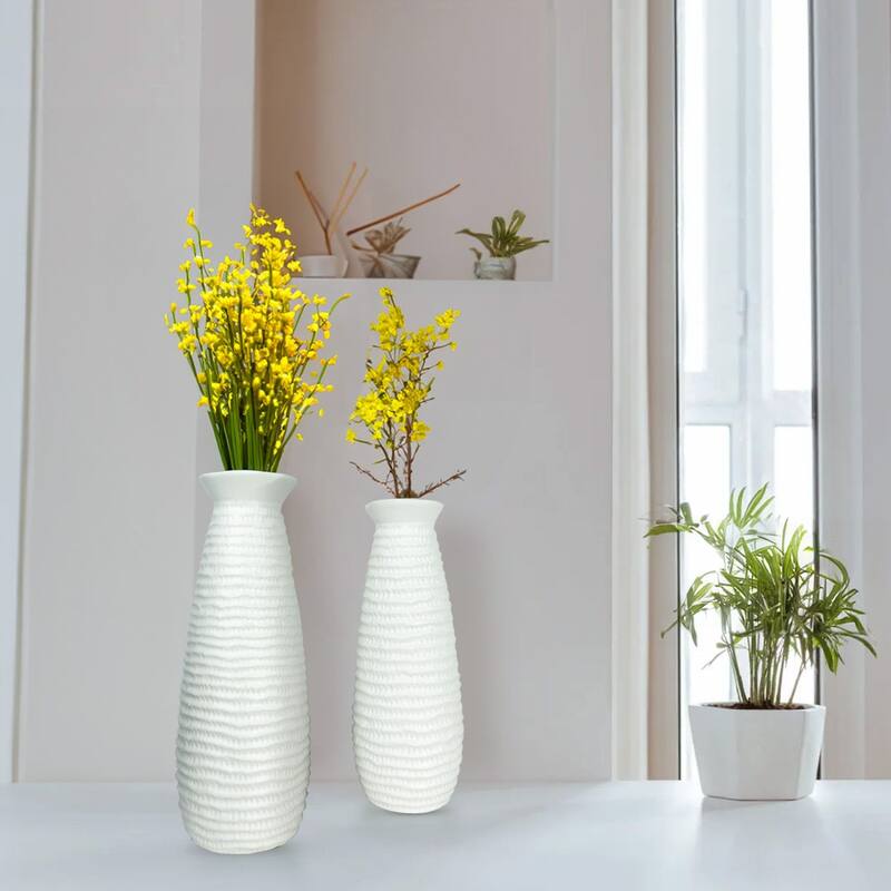 White Ceramic Vase Set of Two with Matte Finish and Cylindrical Shape