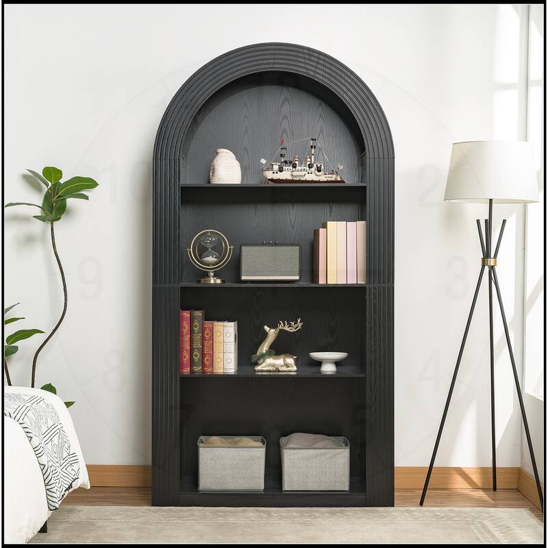 78.74" Tall 4-Tier Arched Bookcase with Open Display Storage - Black