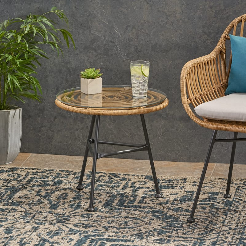 Roomfitters Round Outdoor Side Table, Accent End Table with Tempered Glass Top, Wicker Steel Frame, Patio End Table