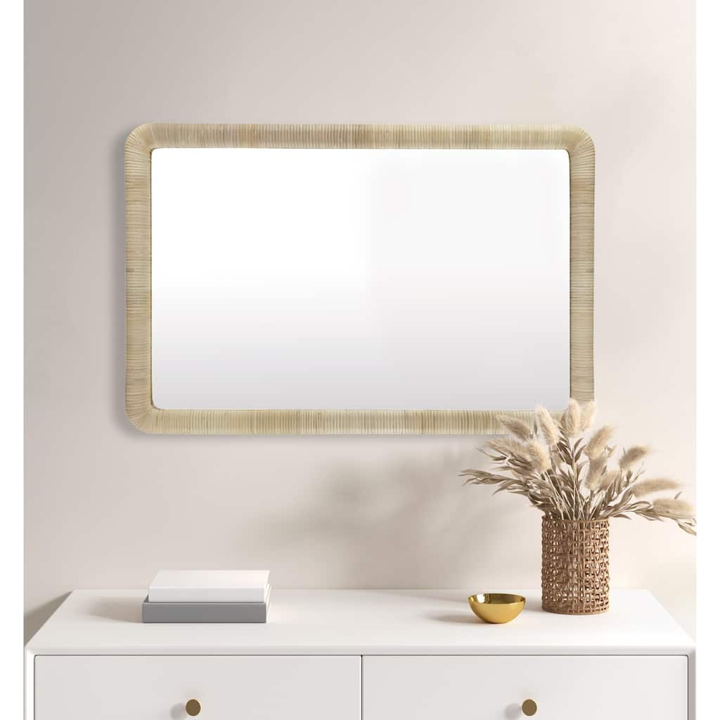 Roomfitters Large Natural Rattan Rectangle Wall Mirror, 26x39 Rounded Corner Boho Decor for Entryway, Living Room or Bedroom