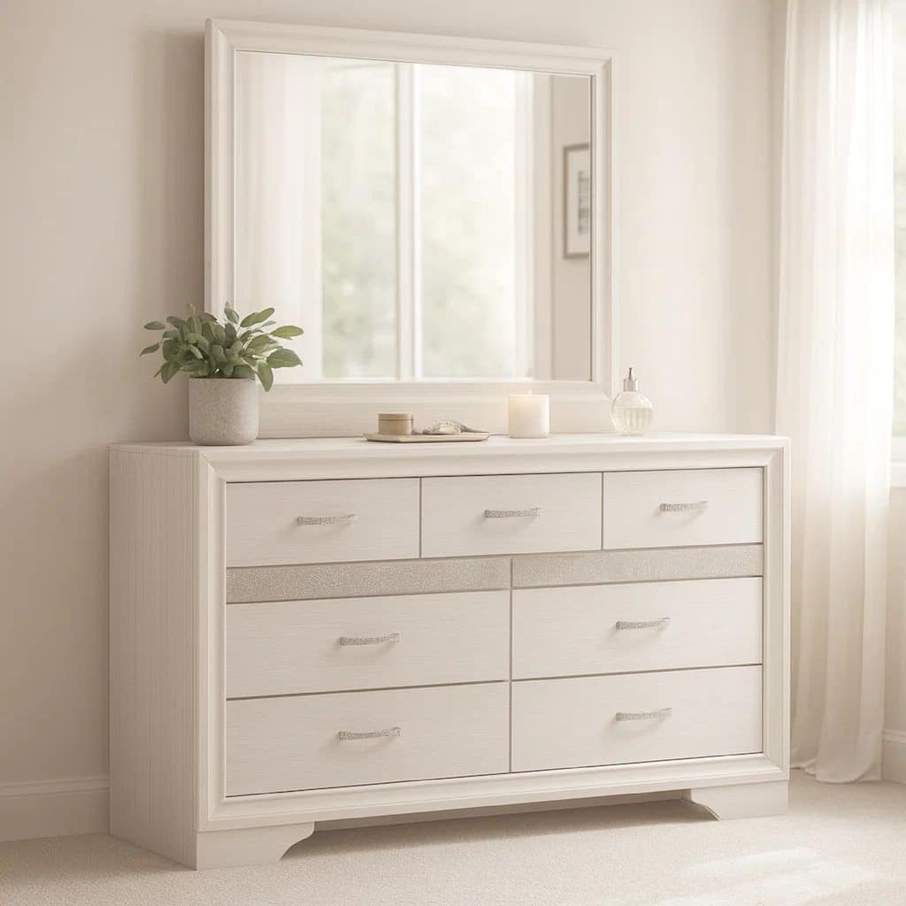 Vino Wide Dresser with Mirror, 7 Drawers, Modern White, Chrome Accent