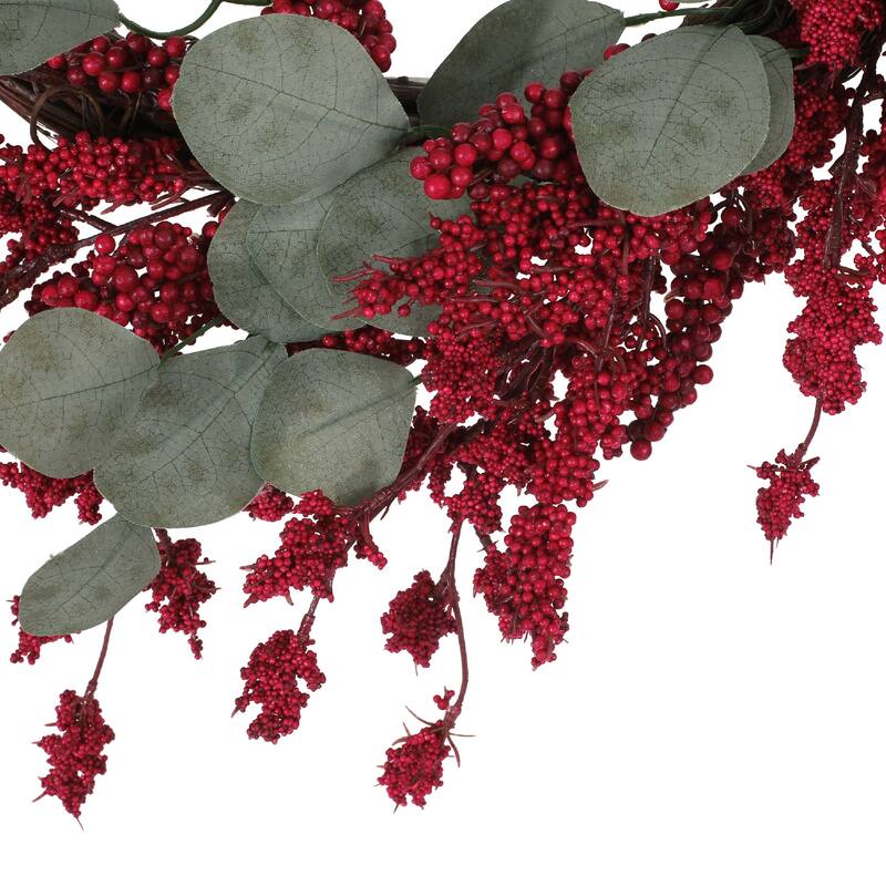 Decorative Hanging Wreath, 29 Inch Twig Red Faux Berries Eucalyptus