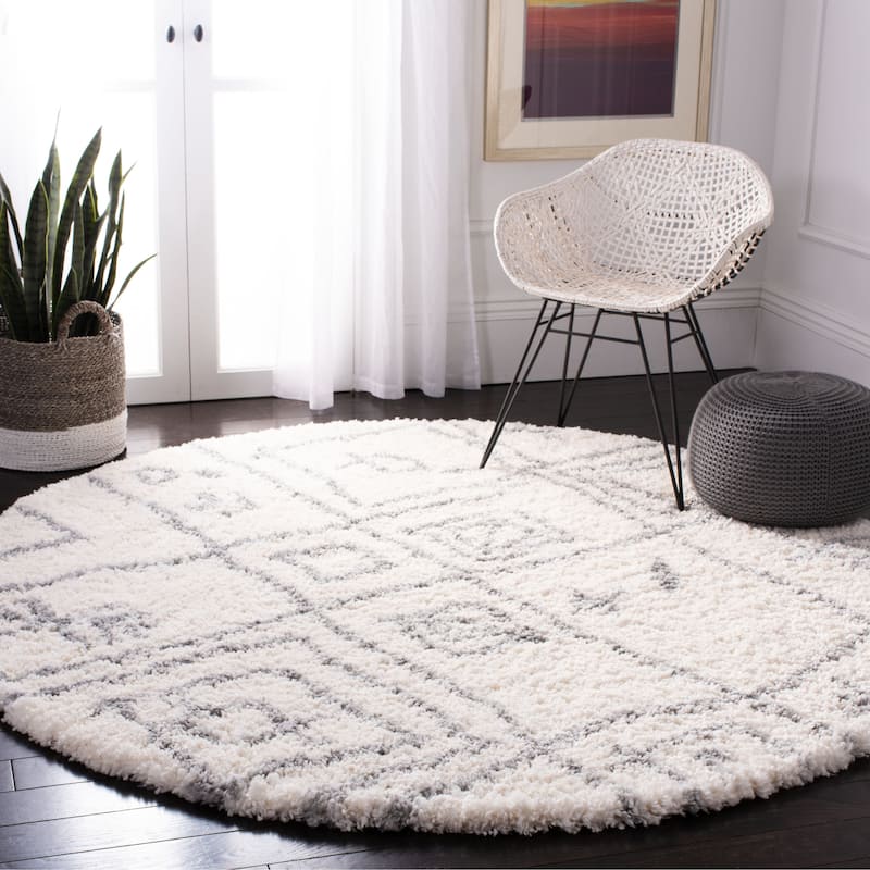 SAFAVIEH Fontana Shag Mildred Moroccan 2-inch Thick Rug - 6'7" Round - Cream/Grey