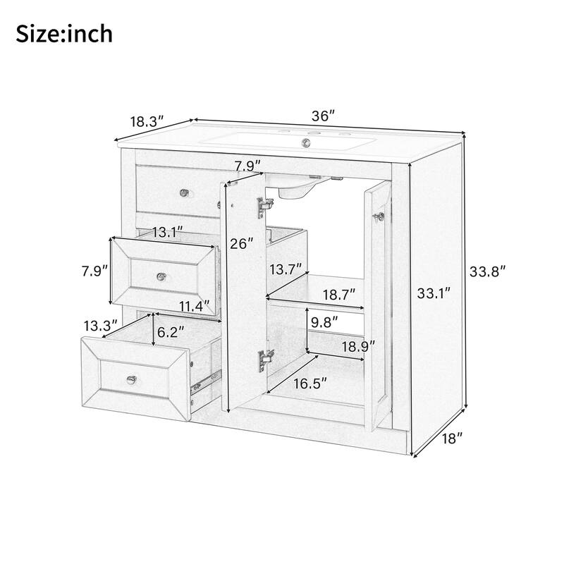 36" Modern Bathroom Vanity with Ceramic Sink, 2 Drawers & Shelf Storage Cabinet, Blue MDF & Solid Wood