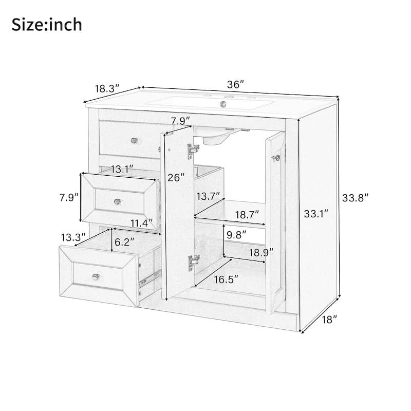 Modern 36 Inch Bathroom Vanity with Sink, Freestanding Solid Wood Cabinet with Drawers & Shelf, Blue