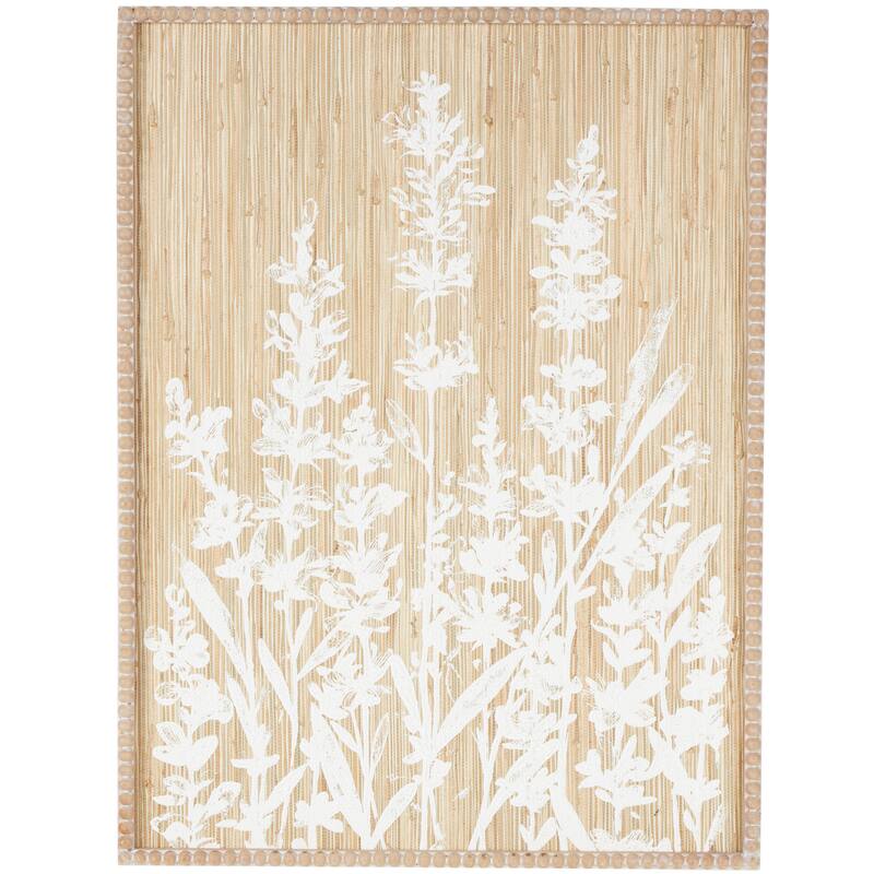 Cream Wood Textured Floral Home Wall Decor with White Painted Accents and Beaded Frame