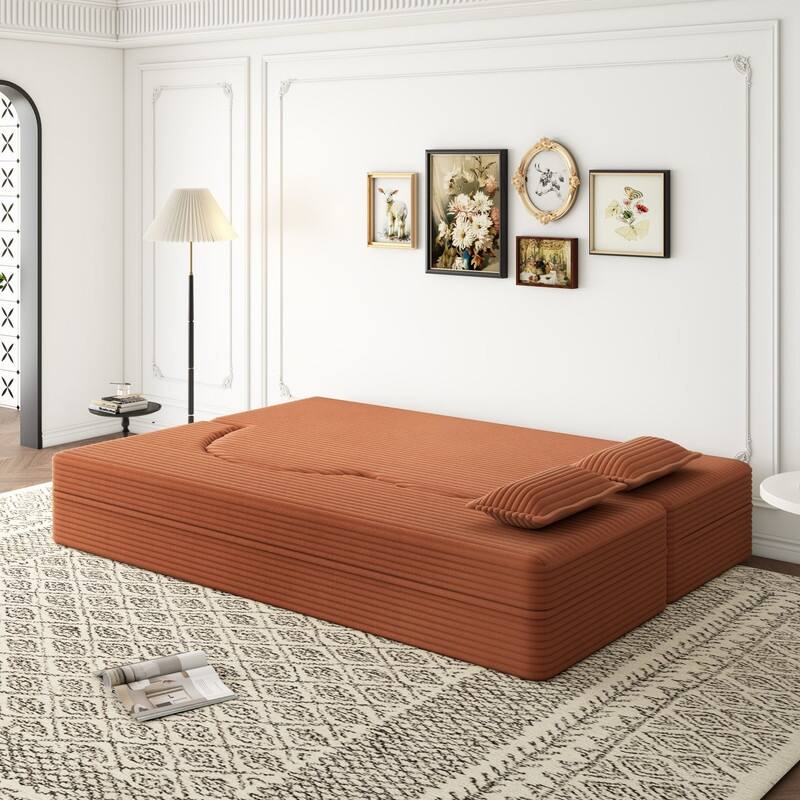 Modern 78" Full Size Convertible Corduroy Foam-Filled Sleeper Sofa,Modern Floor Sofa with 2 Pillows