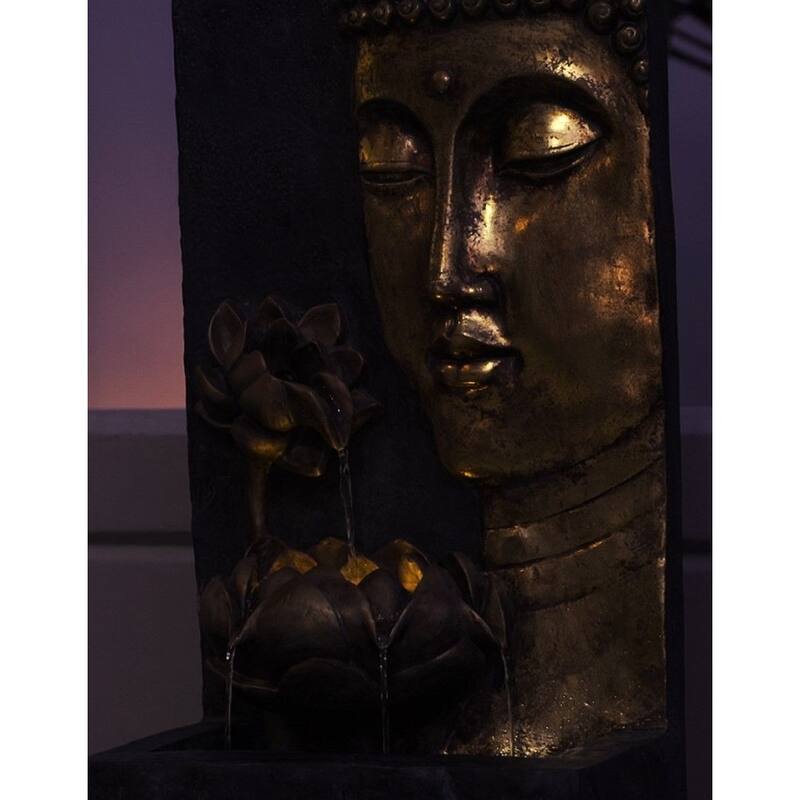 XBrand Cascading Lotus Buddha Face Indoor Outdoor Zen Water Fountain w/LED Light, 30 Inch Tall, Bronze and Natural Grey