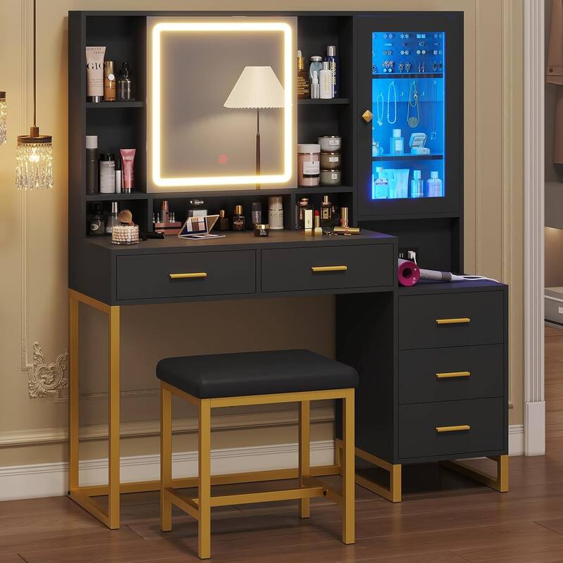 Makeup Vanity with Stool Charging Station Jewelry Storage RGB Lights 5 Drawers Shelves - Black