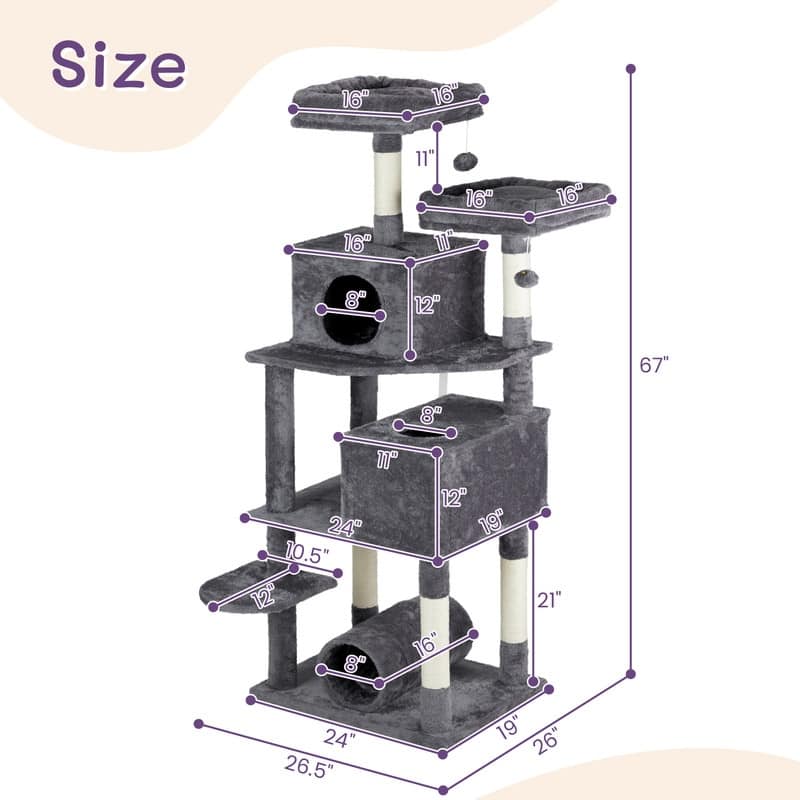 67-inch Dark Grey Cat Tree with Padded Platform Beds - 26.5 x 26 x 67 in.
