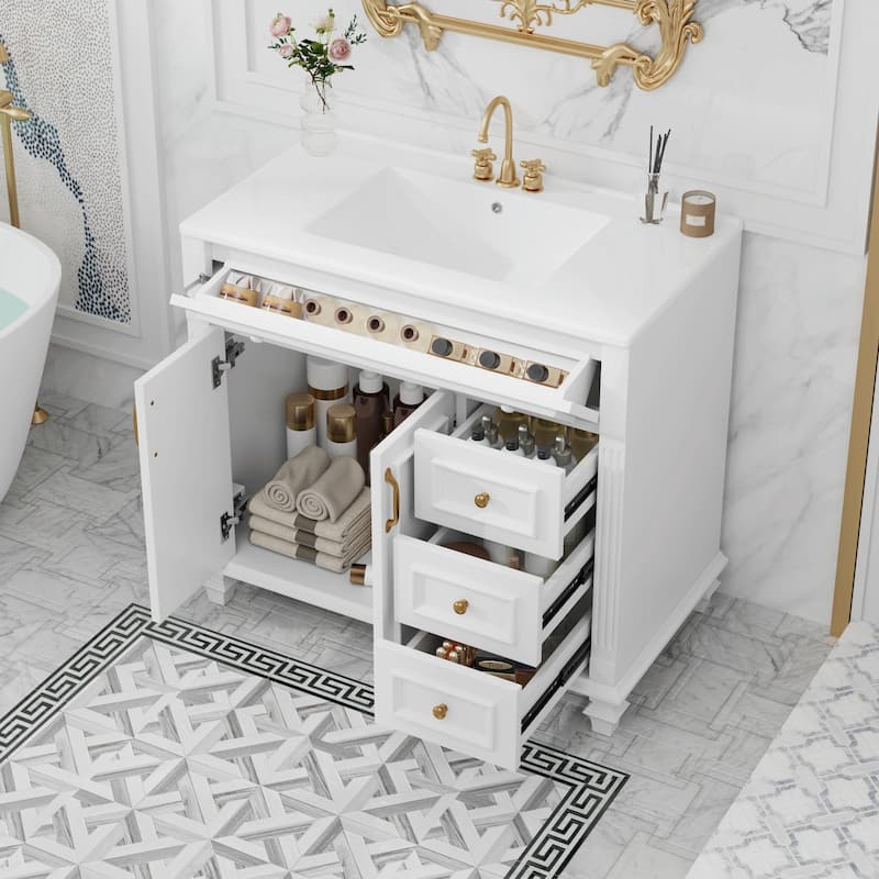 36" Bathroom Vanity with Sink, Cabinet, Flip-Out Drawer, 3 Drawers & 2 Soft-Close Doors - White