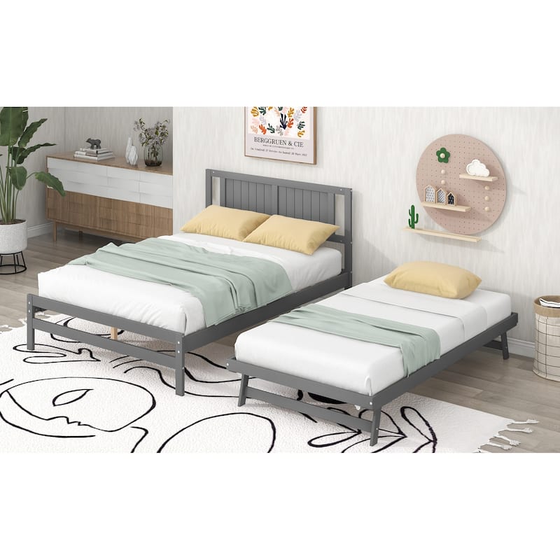 Gray Full Pine Platform Bed with Adjustable Trundle