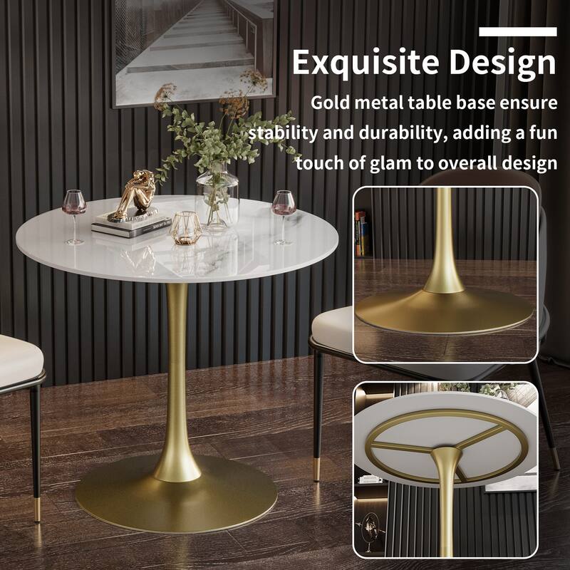Round Dining Table Marble Modern Tulip Table Slate Tabletop with Metal Pedestal Base