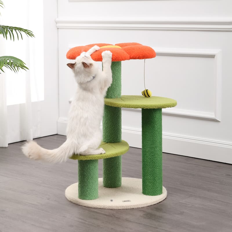 Poppy 29" 3-Tier Modern Jute Flower Cat Tree with Dangling Toy, Orange/Green - Orange/Green