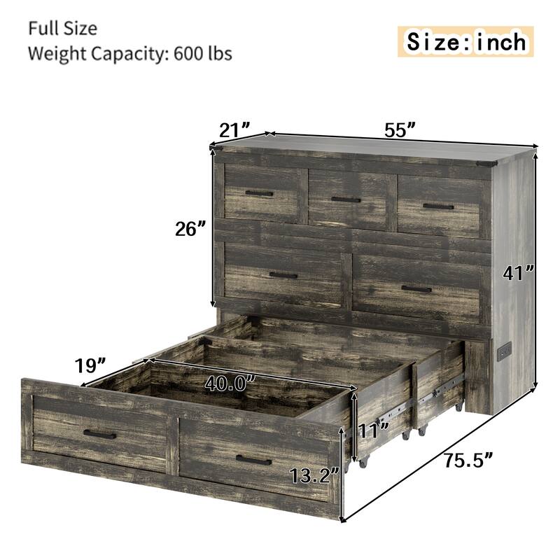 Murphy Bed Cabinet with Integrated Charging Station and Large Storage Drawer by Harper&Bright Designs