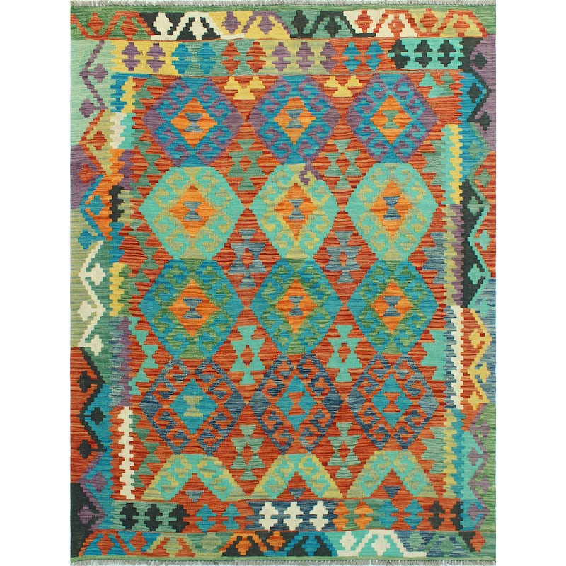 Flatweave Pouran Red/Turquoise Rug - 5'0" x 6'7"