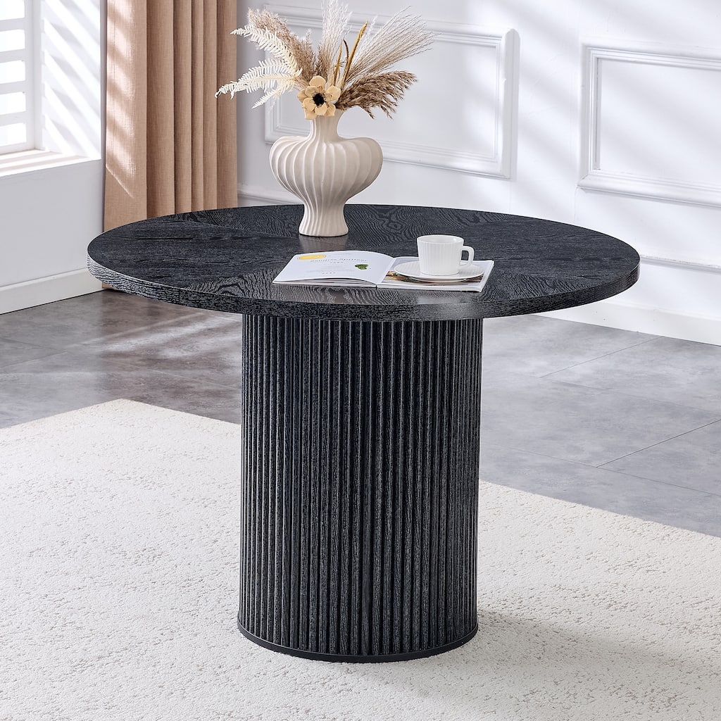Roomfitters Black Round Spliced Dining Table, Wood Textured Circular Kitchen Table with Hidden Storage, MDF Center Table