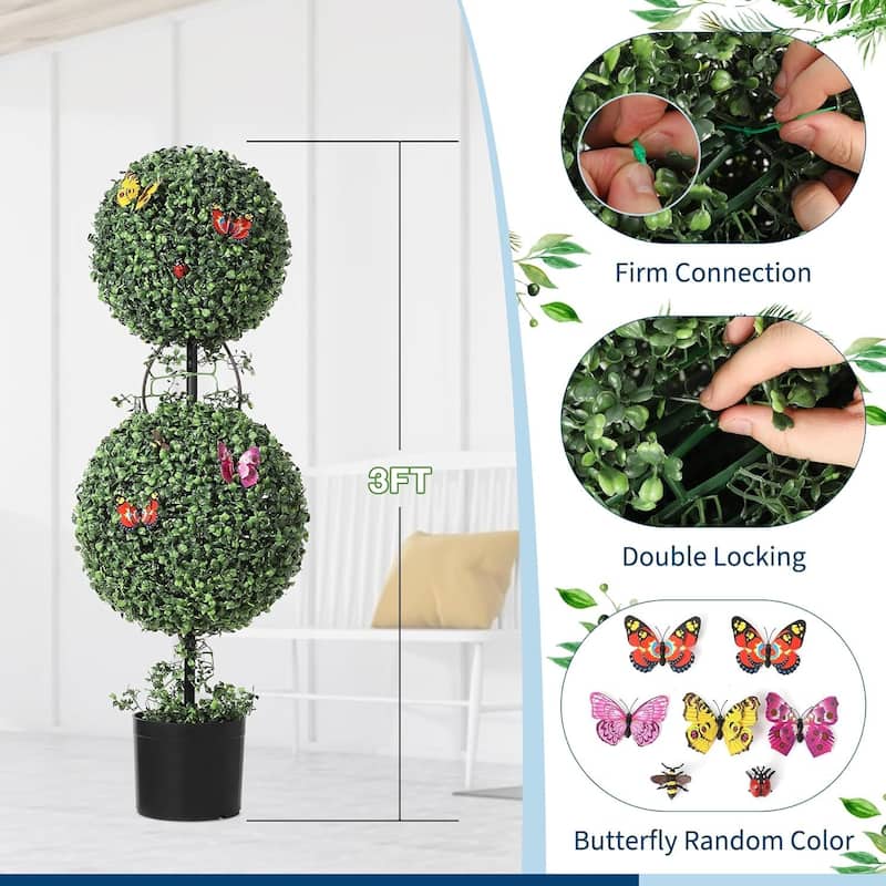 2 Pack 3 FT Artificial Double Ball Topiary Trees Plants - 3ft