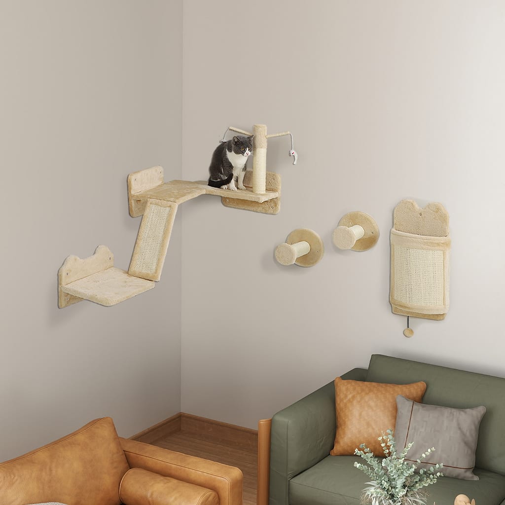 PawHut 4pc Corner Design Cat Wall Shelf for Indoor Cats, Beige