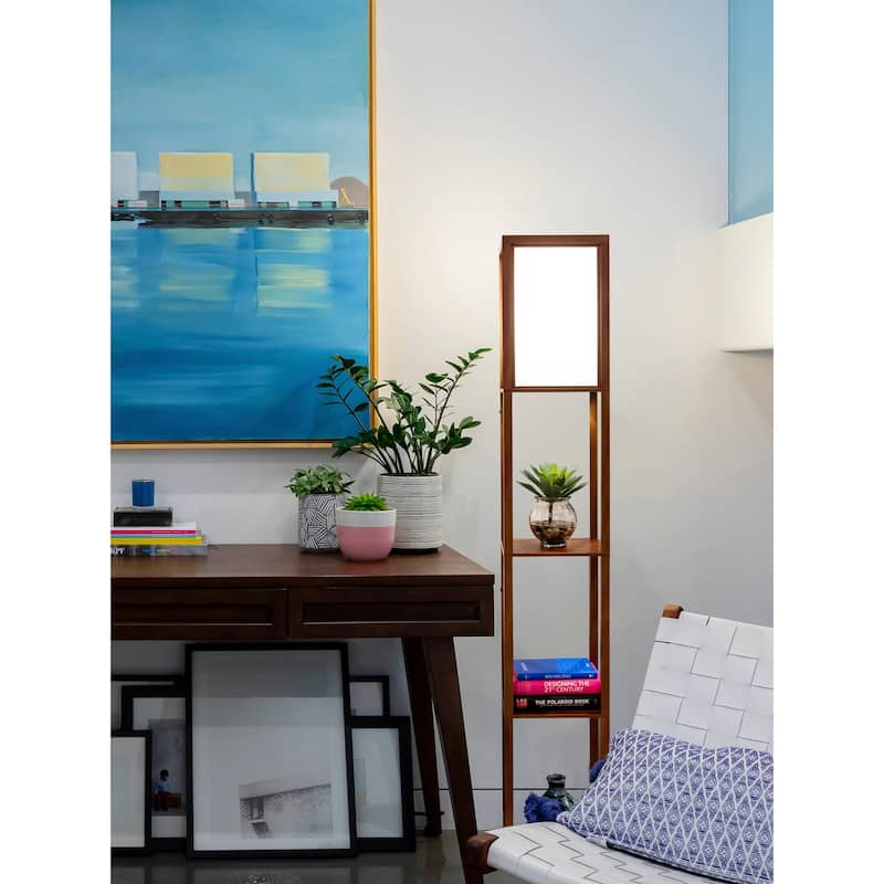 Brightech Maxwell 63 in. Walnut Brown Traditional LED Super Bright 3-Shelf Floor Lamp with White Fabric Square Shade