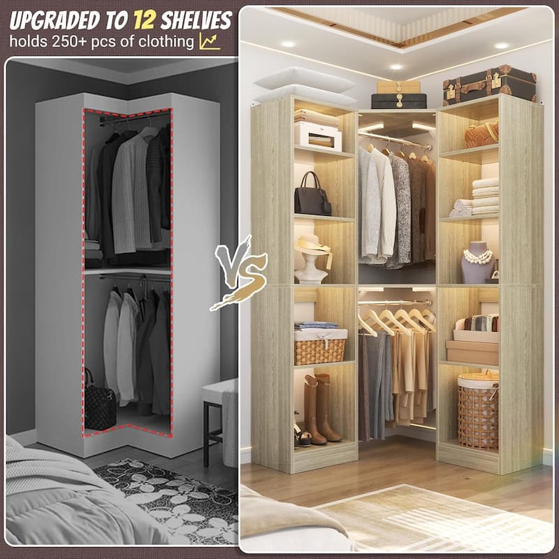 Kyrvo Corner Closet System with 12 Shelves and 2 Hanging Rods, 40"W x 80"H Freestanding Walk-in Closet Organizer System