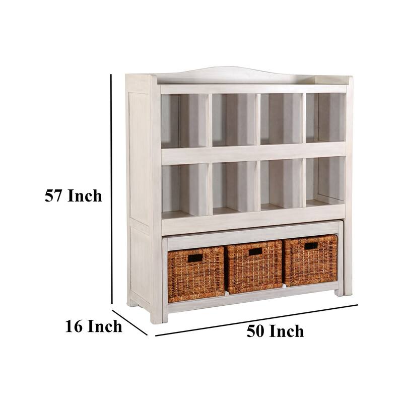Bem Bookcase w Trundle Bench, 3 Woven Basket, 8 Cubbies, White 57 Inch