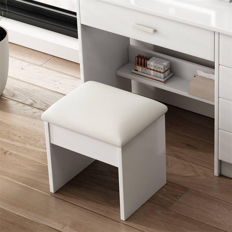 Bedroom Wood Vanity Set with Mirror,Lights,Open Shelves and Chair