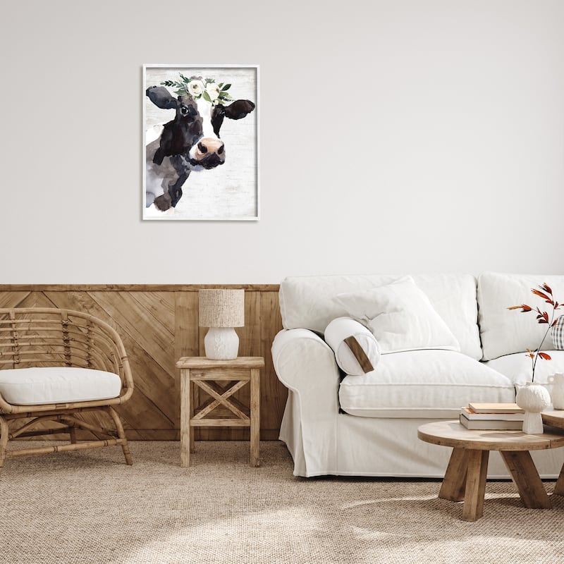 Stupell Dairy Farm Cow Boho Floral Crown Charming Animal Framed Wall Art