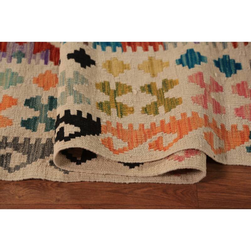 All-Over Geometric Kilim Oriental Area Rug Hand-Woven Wool Carpet - 8'8"x 11'3"