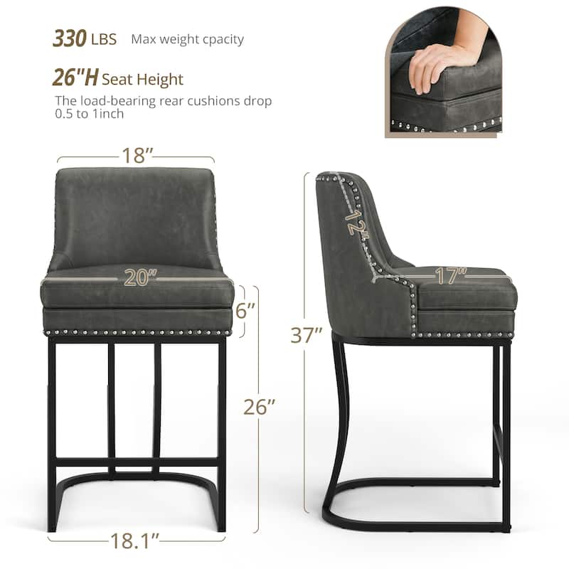 Modern 26" Barstool with Back Metal Frame Stool Counter Height Bar Stools and 6" Thick Cushion for Kitchen Island
