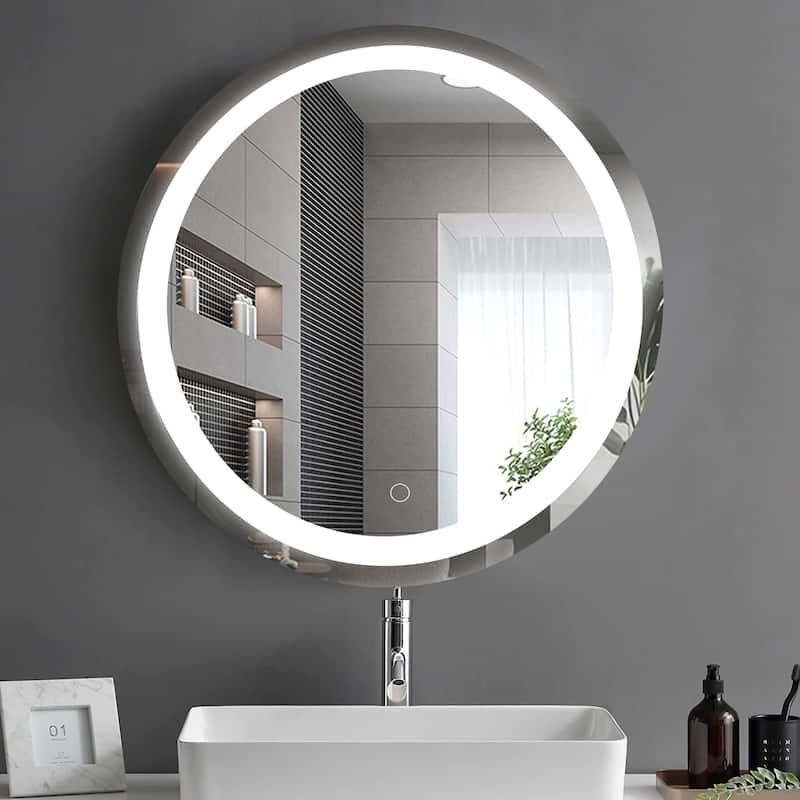 24 Inch Wall Mounted LED Round Makeup Mirror Bathroom, Bedroom - White/Silver