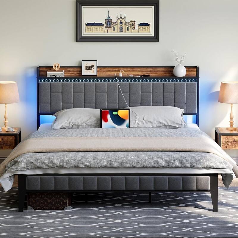 Bed Frame with LED Light and Charging Station