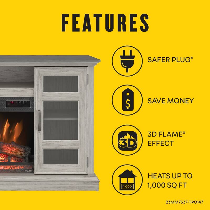 duraflame® Electric Fireplace Entertainment Center with Glass Cabinet Storage, Blanco Oak