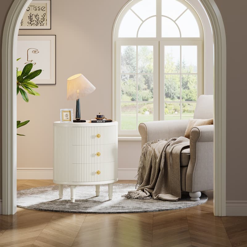 Side Table with 3 Drawers, No Assembly Required Oval End Table with Storage, White