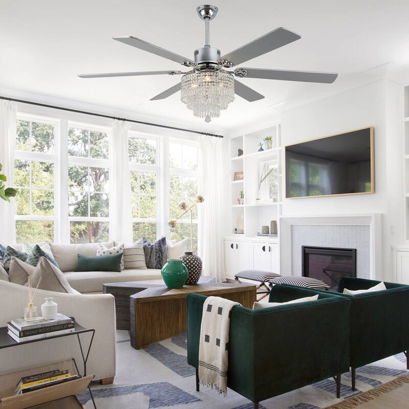 CurveCurio 65" Lagre Ceiling Fan w Crystal Light Shade and Wood Blades, Quiet DC Motor w Remote For Large Room - 65" * 65" * 26"