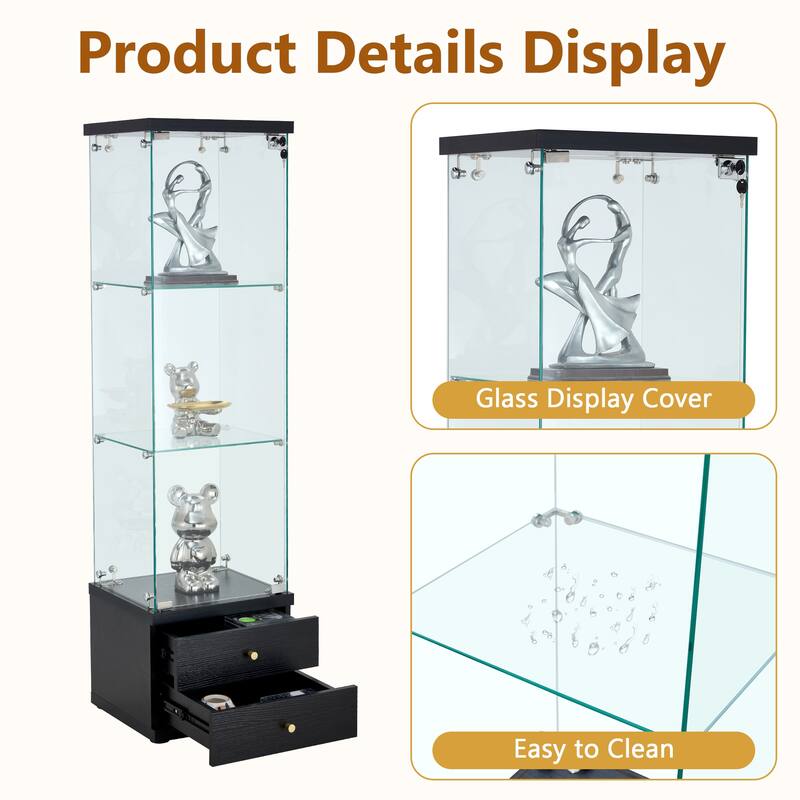 Roomfitters Glass Display Cabinet with 3 Adjustable Shelves and Soft-Close Drawers, Ideal for Storage, Black