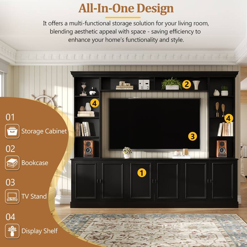 4-Piece Wall Unit Entertainment Center with Bookshelf for TVs Up to 70", Mid-Century Modern 97.4" TV Stand with Adjustable Shelf