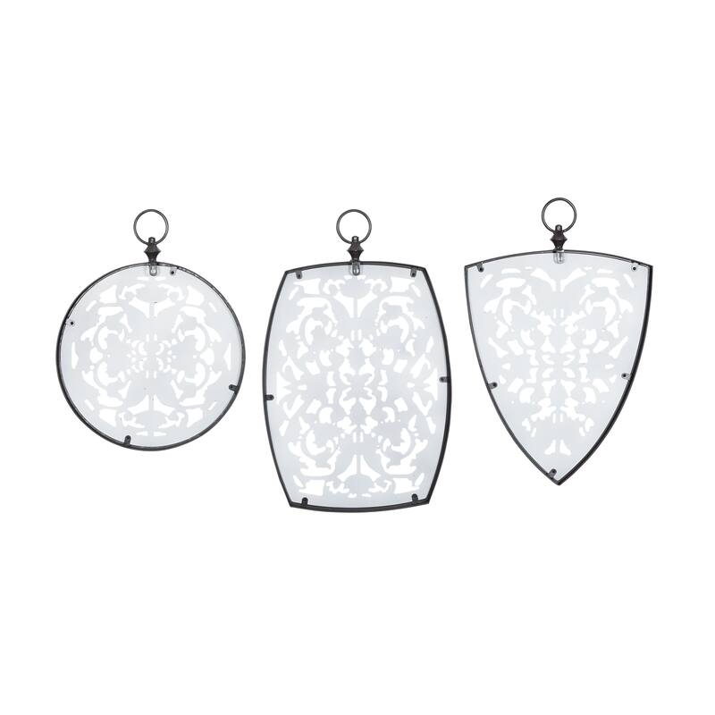 White Wooden Carved Design Floral Home Wall Decor with Ring Hanger (Set of 3)