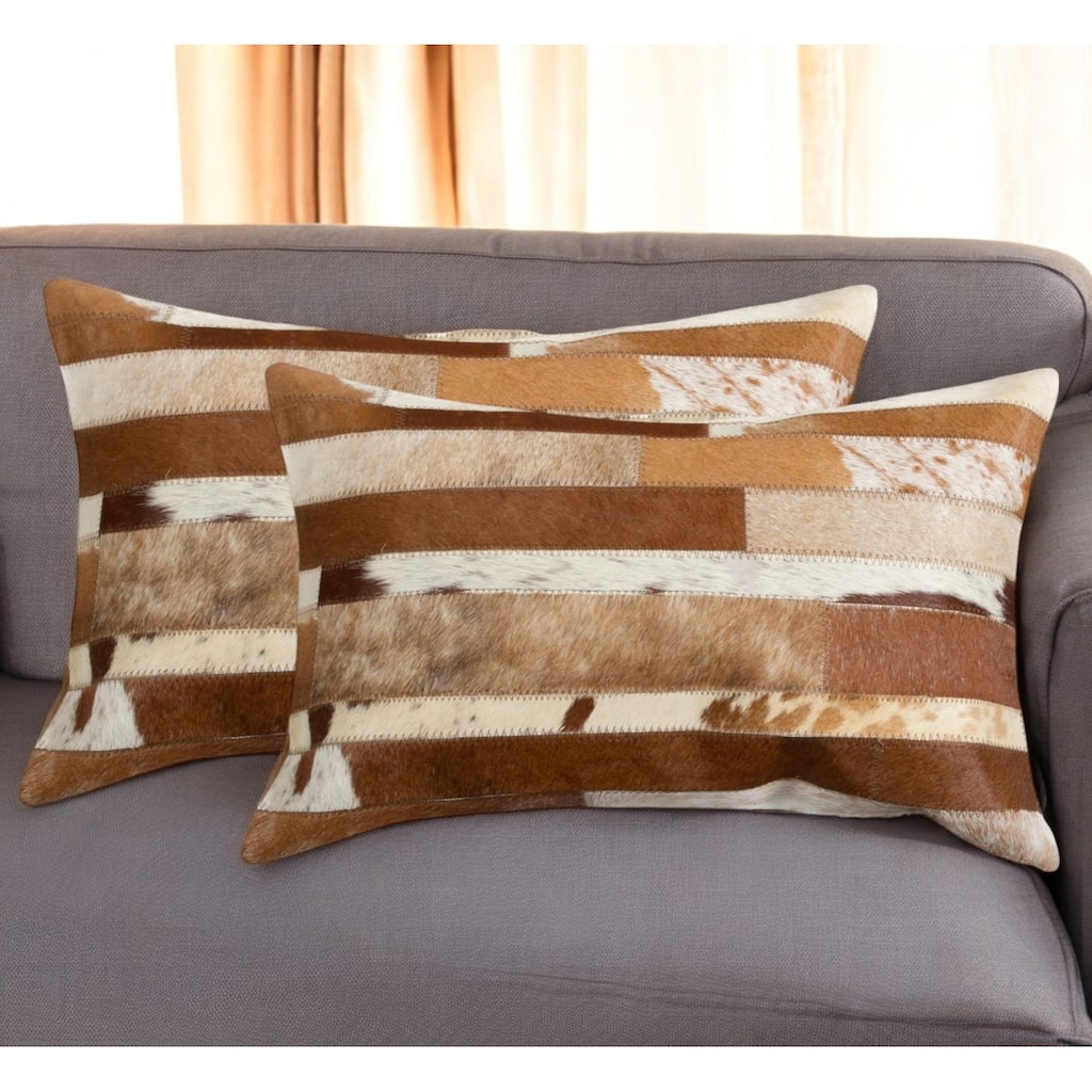 Set of Two 12" X 20" Brown and White Patchwork Cowhide Lumbar Throw Pillows