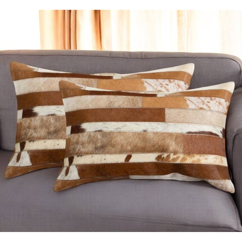 Set of Two 12" X 20" Brown and White Patchwork Cowhide Lumbar Throw Pillows - White/Brown