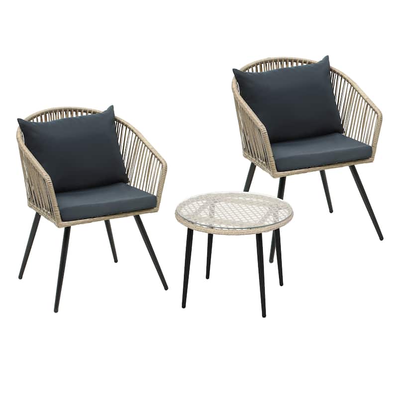 3-Piece Patio Furniture Wicker Bistro Set with Cushions - 20"L x 23.6"W x 32"H