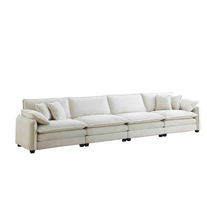 Ergonomic 4 Seater Corduroy Upholstered Sectional Sofa with Pillows